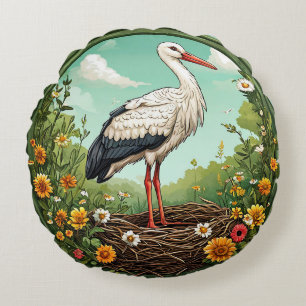 Coussins Ronds Cigogne majestueuse au repos dans un nid printanie