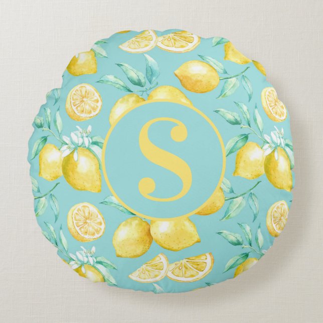 Coussins Ronds Citron jaune mignon Motif sur Monogramme bleu clai (Devant)