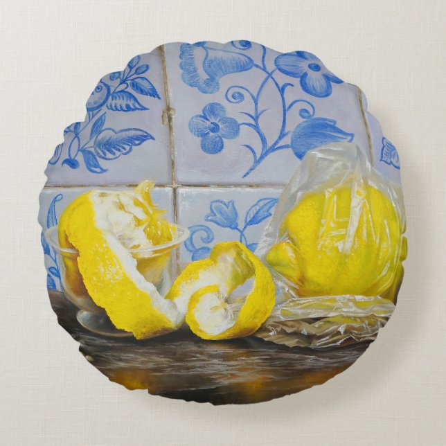 Coussins Ronds Citrons et Azulejos — Nature morte classique bleu  (Devant)