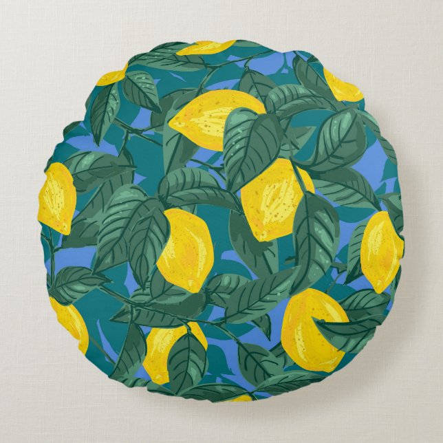 Coussins Ronds Citrons, feuille : motif tropical d'agrumes. (Devant)