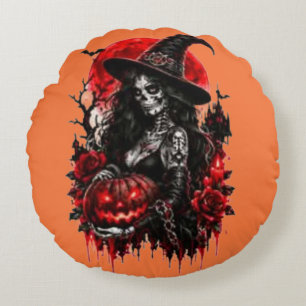 Coussins Ronds Citrouille de sorcière gothique Halloween Chat noi