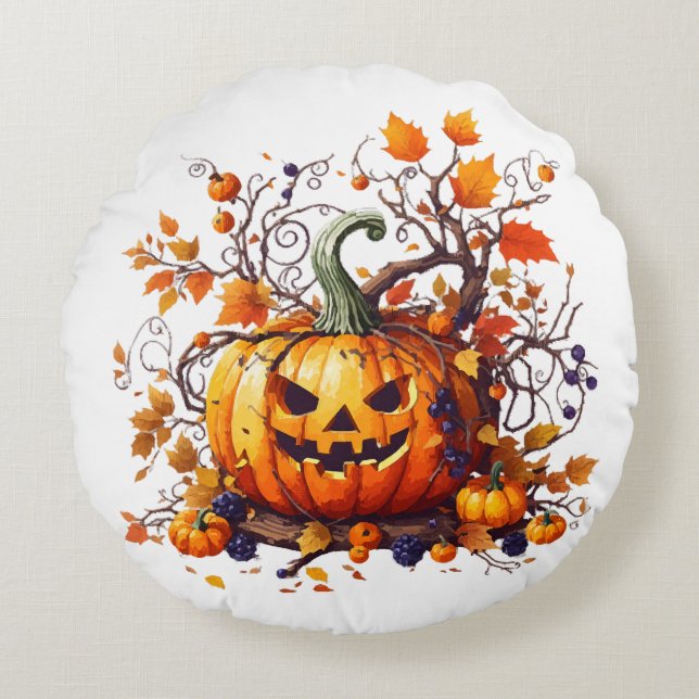 Coussins Ronds citrouille drôle d'Halloween automne (Devant)