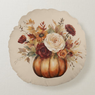 Coussins Ronds Citrouille et fleurs d'aquarelle d'automne