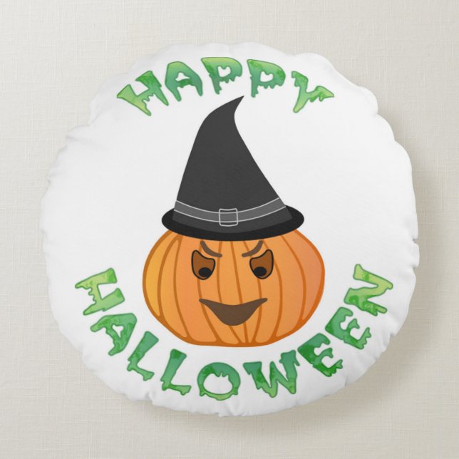 Coussins Ronds citrouille "HAPPY HALLOWEEN" (Devant)