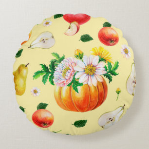 Coussins Ronds Citrouille orange, chrysanthème, poires, pommes r