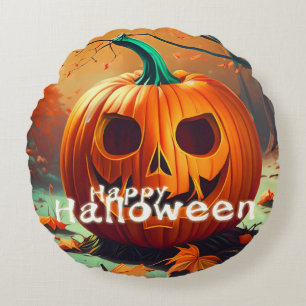 Coussins Ronds Citrouille orange effrayante avec visage, Hallowee