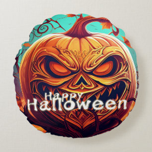 Coussins Ronds Citrouille orange effrayante avec visage, Hallowee