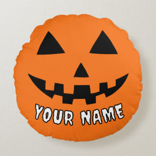 Coussins Ronds Citrouille orange personnalisé Halloween Votre Nom