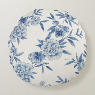 Coussins Ronds Classique motif toile fleurie bleu aquarelle blanc