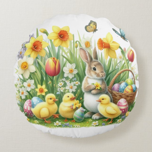 Coussins Ronds Classique/Vintage lapin/poulet de printemps (Devant)