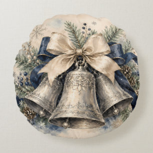 Coussins Ronds Cloche de Noël argentée élégante aquarelle