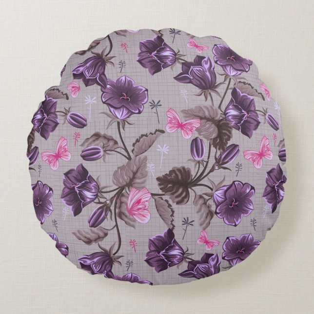 Coussins Ronds cloches de main violettes et motif de papillons (Devant)
