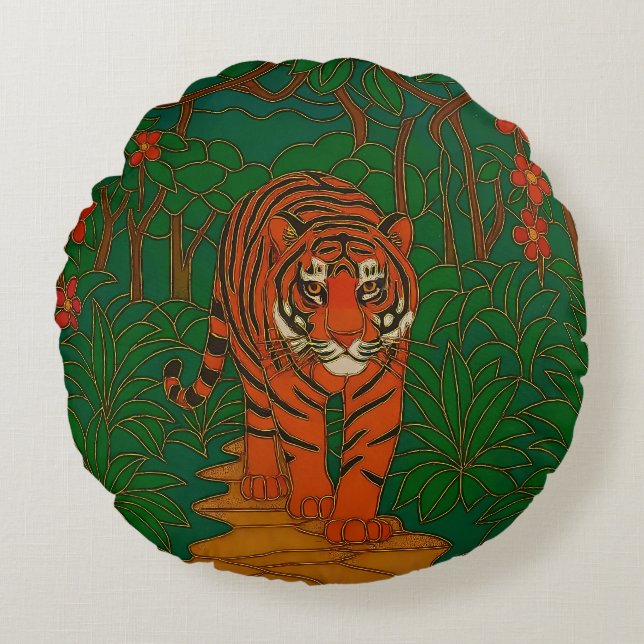 Coussins Ronds Cloisonne Art Tiger on the Jungle Path (Devant)