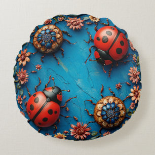 Coussins Ronds Coccinelles et fleurs colorées