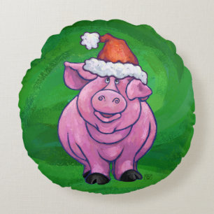 Coussins Ronds Cochon de Fête à Santa Hat sur Vert