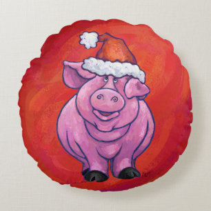 Coussins Ronds Cochon mignon à Santa Hat sur rouge