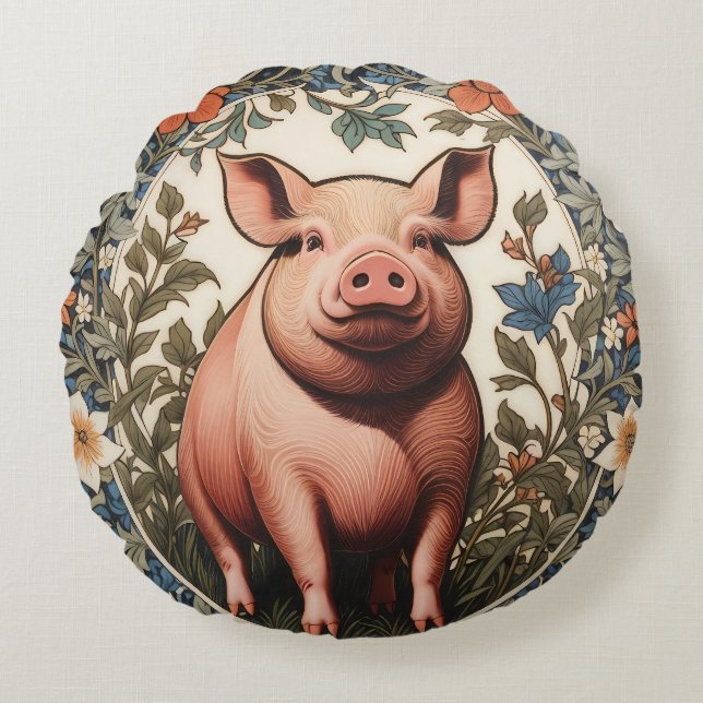 Coussins Ronds Cochon mignon inspiré de William Morris (Devant)