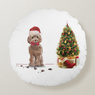 Coussins Ronds Cockapo Brown Funny Chien de Noël et Arbre