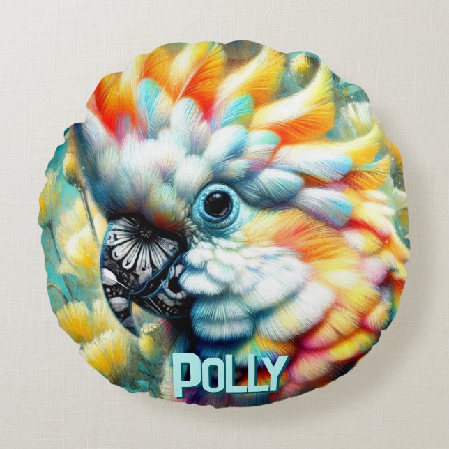 Coussins Ronds Cockatoo Bird Yellow Poppies Personalized (Devant)