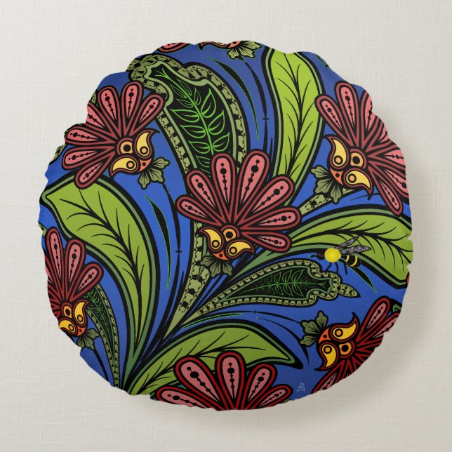 Coussins Ronds Cockscomb et BumbleBee Vibrant Bleu, Vert, Rose (Devant)