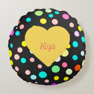 Coussins Ronds Coeur et nom pois multicolores vintages