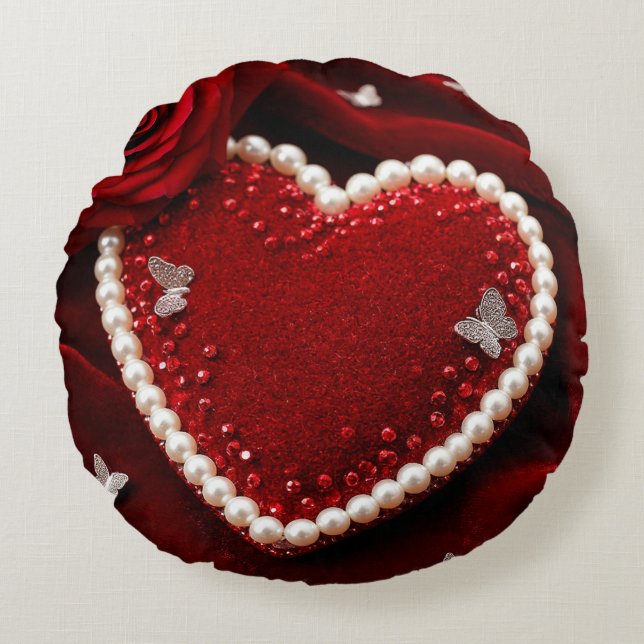 Coussins Ronds Cœur romantique avec bordure de perle (Devant)