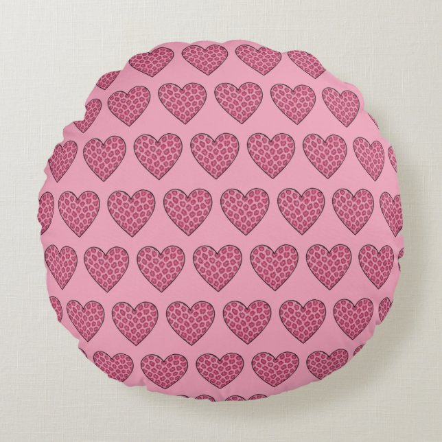 Coussins Ronds Cœurs à motif de guépard rose (Devant)