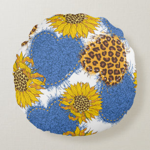 Coussins Ronds Coeurs Denim en tissu avec bords déchirés et le