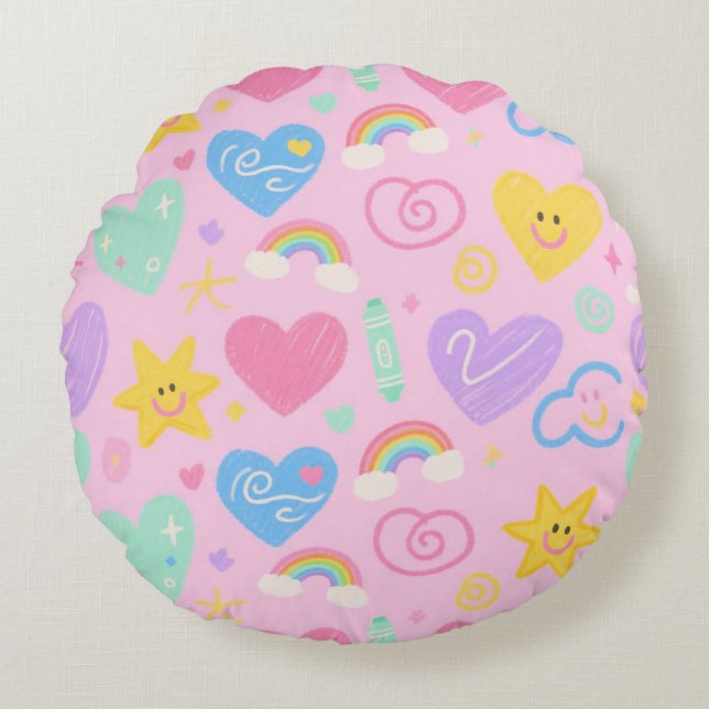Coussins Ronds Coeurs & Doodles Jeter Oreiller Cute Kidcore Accen (Devant)