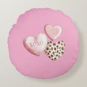 Coussins Ronds Coeurs Empreintes de léopard XOXO Rose