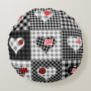 Coussins Ronds Coeurs Noir Blanc Patchwork Sans Couleur.