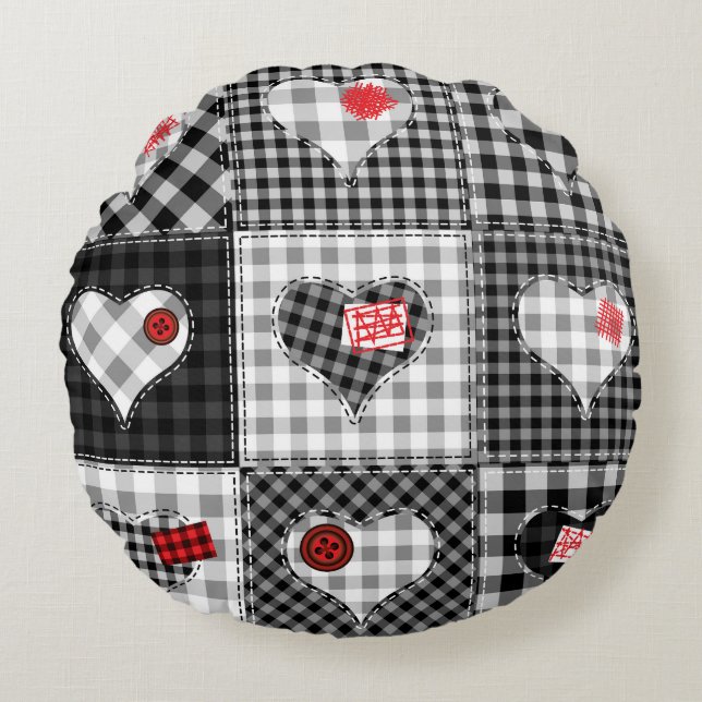Coussins Ronds Coeurs Noir Blanc Patchwork Sans Couleur. (Devant)