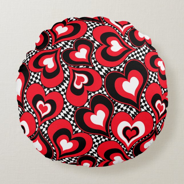 Coussins Ronds Coeurs, rouge, noir, blanc, Saint Valentin. (Devant)