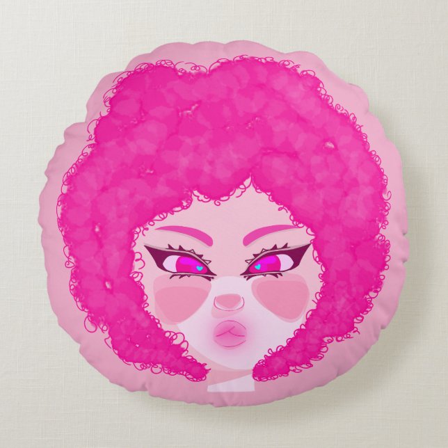 Coussins Ronds Cojín de chica con cabello crespo rosa (Devant)