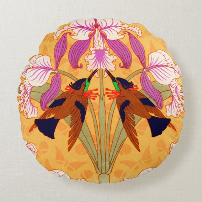Coussins Ronds Colibri Art nouveau et fleur d'orchidée (Devant)
