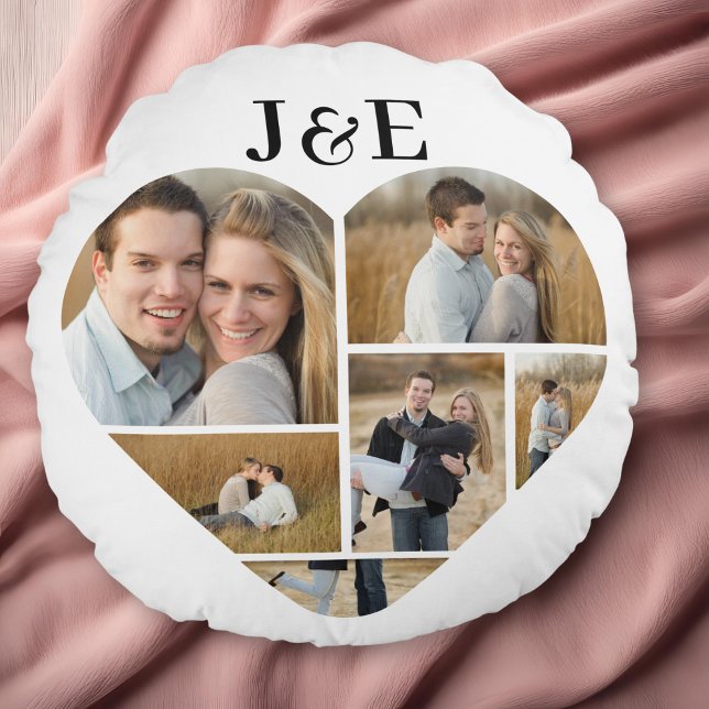 Coussins Ronds Collage de photos de coeur personnalisées en noir  (Personalized Heart Collage round throw pillow)