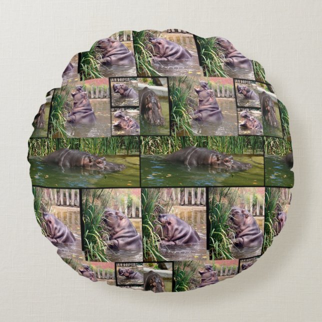 Coussins Ronds Collage de photos d'hippopotames, (Devant)