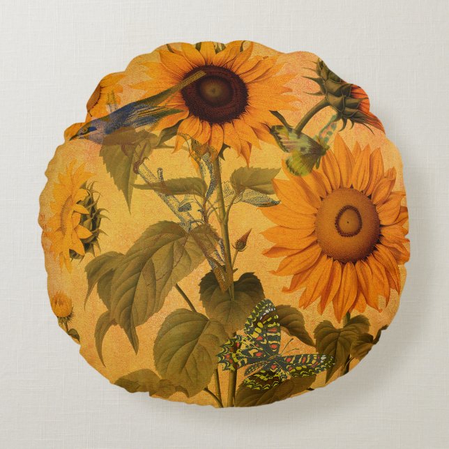 Coussins Ronds Collage de tournesol doré vintage (Devant)