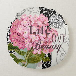Coussins Ronds Collage d'hortensia rose chic Art damassé vintage
