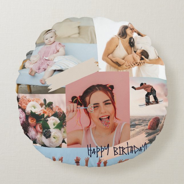 Coussins Ronds Collage photo moderne Joyeux anniversaire mignon (Devant)