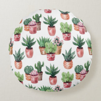 Coussins Ronds Collection de cactus dans des pots, aquarelle.