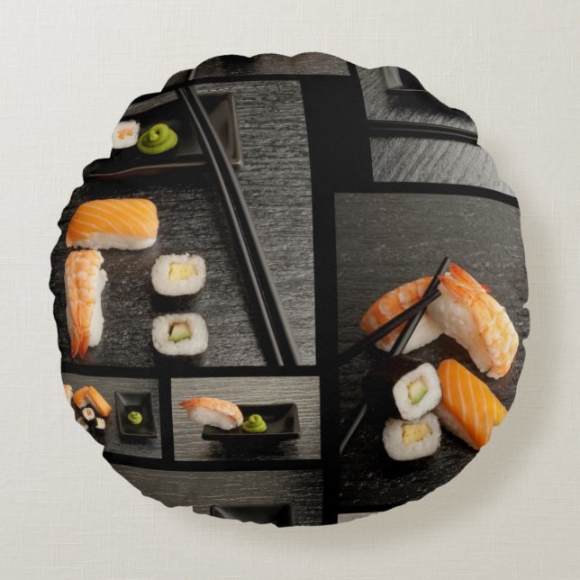 Coussins Ronds Collection de sushi sur l'arrière - plan noir (Devant)