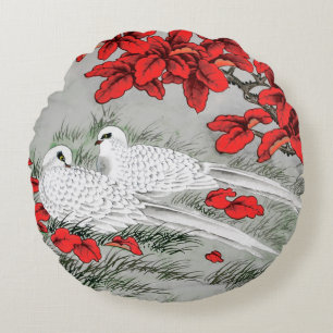 Coussins Ronds Colombes blanches vintage et feuilles rouges sur g