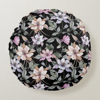 Coussins Ronds Colonne Exotique : Aquarelle Florale Noire.