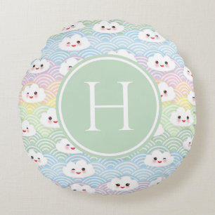 Coussins Ronds Coloré Pastel Kawaii Nuages Motif Monogramme