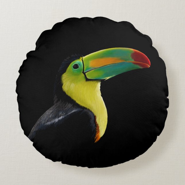 Coussins Ronds Coloré Tropical Noir Jaune Vert Toucan (Devant)