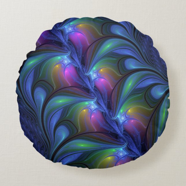 Coussins Ronds Colorful Luminous Abstract Blue Pink Green Fractal (Devant)