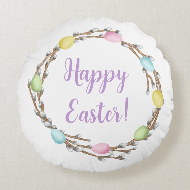 Coussins Ronds Colorful Watercolor Willow Wreath Happy Easter (Devant)