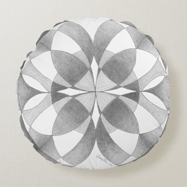 Coussins Ronds "Compassion & Balance" Mandala, noir, gris, blanc (Devant)