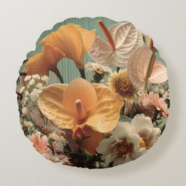Coussins Ronds Composition florale d'anthurium et de fleurs tropi (Devant)